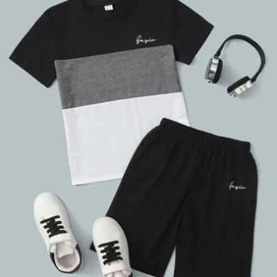 SHEIN Tween Boy Letter Graphic Colorblock Tee And Track Shorts Set