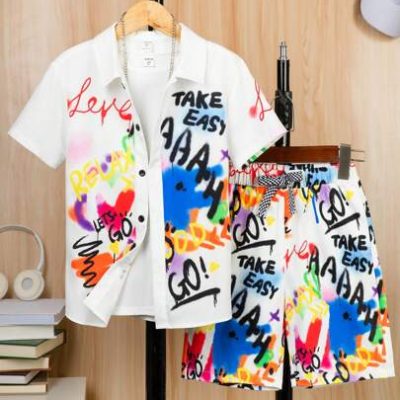 SHEIN Tween Boy Letter Graphic Shirt & Shorts Without Tee