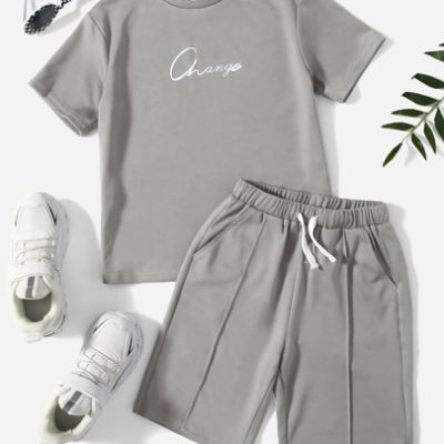 SHEIN Tween Boy Letter Graphic Tee & Drawstring Waist Shorts Set