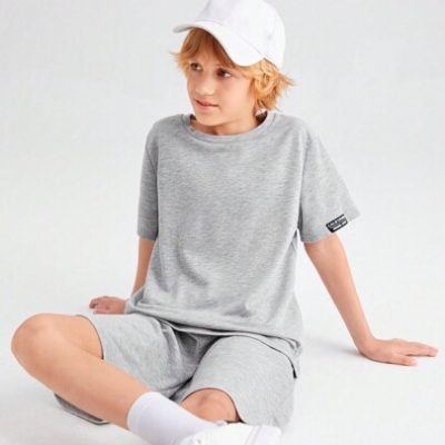 SHEIN Tween Boy Loose Fit Casual Solid Color Short Sleeve Knit T-Shirt And Shorts Set, Summer