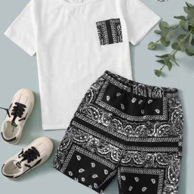 SHEIN Tween Boy Paisley Print Patched Pocket Tee & Shorts