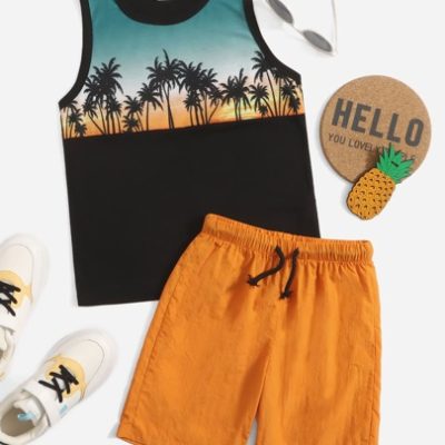 SHEIN Tween Boy Palm Tree Print Contrast Binding Tank Top & Drawstring Waist Shorts