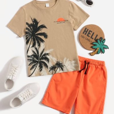 SHEIN Tween Boy Palm Tree & Slogan Graphic Tee & Drawstring Waist Shorts