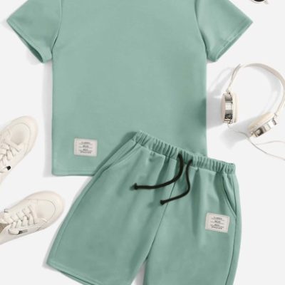 SHEIN Tween Boy Patched Detail Top & Track Shorts Set