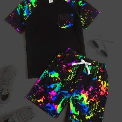 SHEIN Tween Boy Reflective Print Patched Pocket Raglan Sleeve Tee & Drawstring Waist Shorts