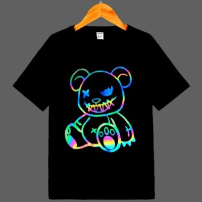 SHEIN Tween Boy Summer Holiday Style Slim Fit Classic Round Neck Short Sleeves T-Shirt With Reflective Cartoon Bear Print