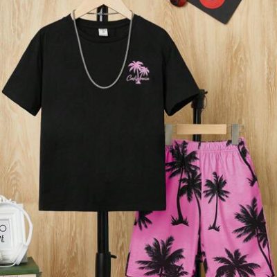 SHEIN Tween Boys’ Coconut Tree Pattern Beach Style T-Shirt And Shorts