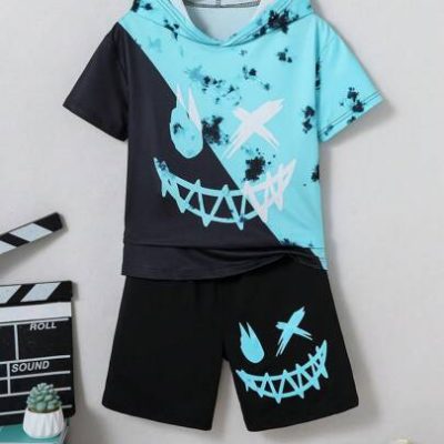 SHEIN Tween Boy’s Tie-Dye & Patchwork Emoticon Printed Hoodie And Shorts Set