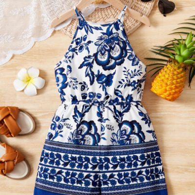 SHEIN Tween Girl Bohemian Sleeveless Floral Printed Spaghetti Strap Romper With Shorts For Summer