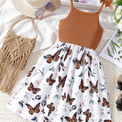 SHEIN Tween Girl Butterfly Print Bow Shoulder Cami Dress