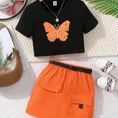 SHEIN Tween Girl Butterfly Print Tee & Flap Pocket Skirt