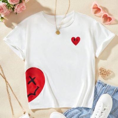 SHEIN Tween Girl Double Heart Print Round Neck Short Sleeve T-Shirt