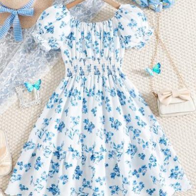 SHEIN Tween Girl Floral Print Puff Sleeve Ruffle Hem Dress