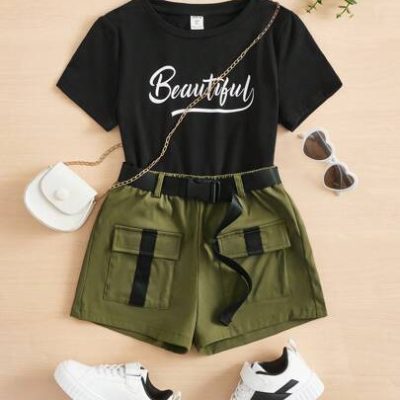 SHEIN Tween Girl Letter Graphic Tee & Flap Pocket Belted Shorts