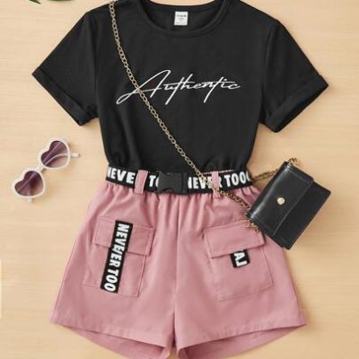 SHEIN Tween Girl Letter Graphic Tee & Flap Pocket Belted Shorts Without Bag