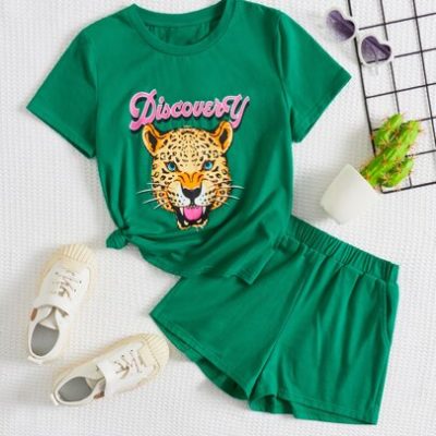 SHEIN Tween Girl Letter & Leopard Print Tee & Shorts