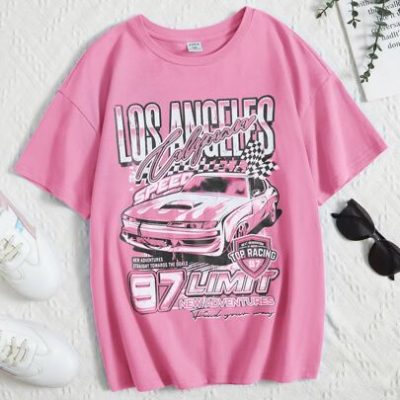 SHEIN Tween Girl Loose Short Sleeve Car & Letter Print Drop Shoulder T-Shirt