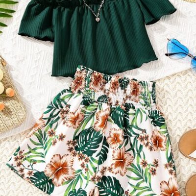 SHEIN Tween Girl Off Shoulder Top & Tropical Print Paperbag Waist Shorts