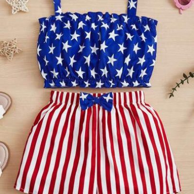 SHEIN Tween Girl Star Print Cami Top & Striped Bow Front Shorts