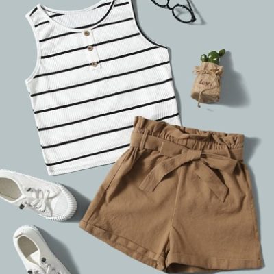 SHEIN Tween Girl Striped Tank Top & Paperbag Waist Belted Shorts Set