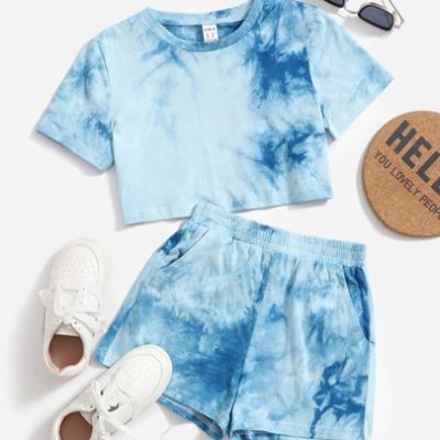 SHEIN Tween Girl Summer Casual Short Sleeve Tie-Dye T-Shirt And Sports Shorts Set