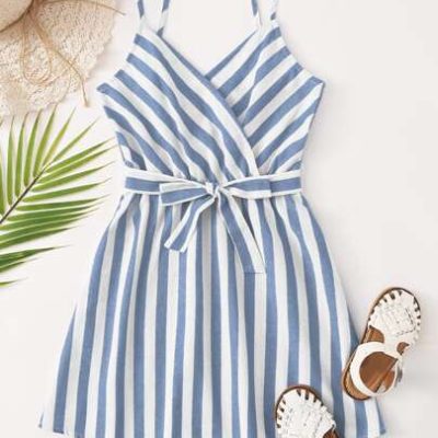 SHEIN Tween Girl Surplice Neck Self Belted Striped Slip Dress