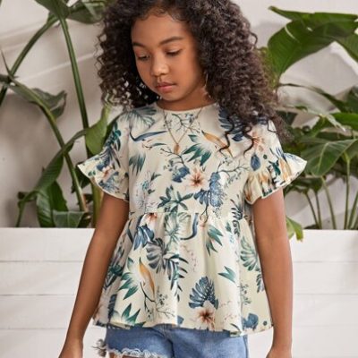 SHEIN Tween Girl Tropical Print Flounce Sleeve Peplum Blouse