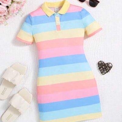 SHEIN Tween Girls’ Casual Spring/Summer Knitted Polo Collar Slim Fit Dress