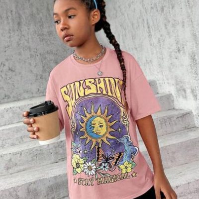 SHEIN Tween Girls’ Round Neck Loose Fit Drop Shoulder T-Shirt With Sun & Slogan Print