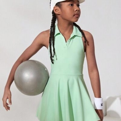 SHEIN Tween Girls’ Sleeveless Knitted Dress With Shirt Collar, Casual And Sporty Style