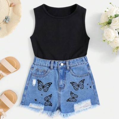 SHEIN Tween Girls’ Solid Casual Vest Tank Top & Butterfly Print Ripped Denim Jeans Shorts Set,Girls Spring Summer Boho Clothes Outfits