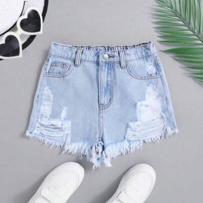 SHEIN Tween Girls Spring Summer Boho Ripped Raw Hem Denim Jeans Shorts,Girls Summer Clothes Outfits