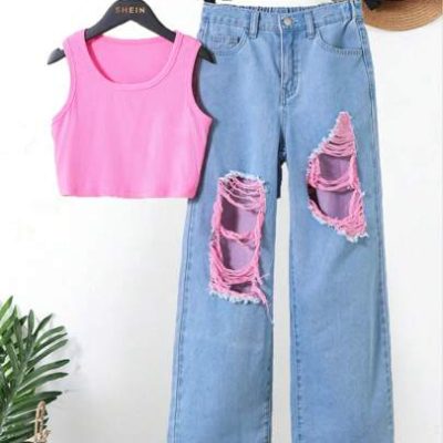 SHEIN Tween Girls Y2K Spring Summer Trendy Cute Pink Crop Tank Top Vest & Baggy Ripped Straight Leg Denim Jeans Pants,Girls Summer Clothes Outfits