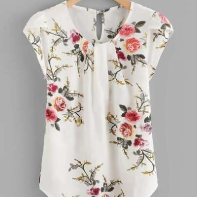 SHEIN VCAY Floral Print Pleated Cap Sleeve Top