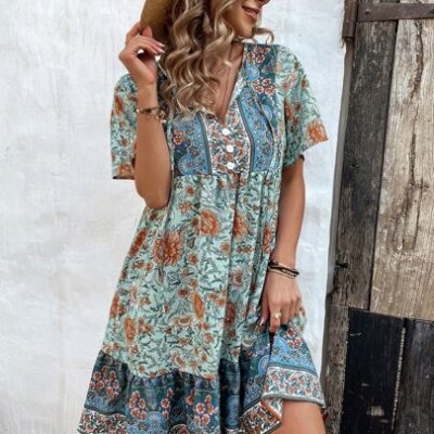 SHEIN VCAY Floral Print Tie Neck Smock Dress