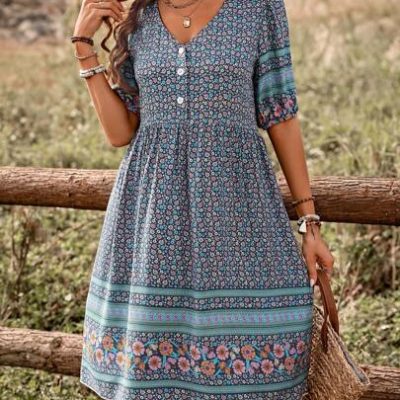 SHEIN VCAY Floral Printed Buttoned Casual Dress