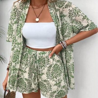 SHEIN VCAY Summer Women’s Tropical Plant Printed Kimono Shirt And Shorts Two Piece Set