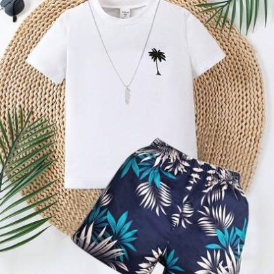SHEIN Young Boy 2-Pack Casual Simple Coconut Tree Print Short Sleeves And Shorts Suit Summer