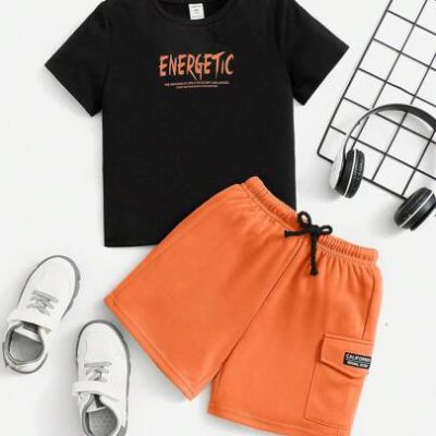 SHEIN Young Boy 2pcs/Set Casual Comfortable Unisex Short Sleeve T-Shirt With Slogan Print And Shorts Summer Outfits