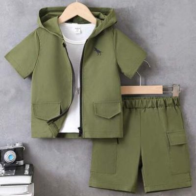 SHEIN Young Boy 2pcs/Set Toddler Boys’ Casual Dinosaur Print Hooded Zipper Short Sleeve Jacket And Shorts Summer Outfits