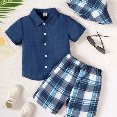 SHEIN Young Boy Button Front Shirt & Plaid Shorts