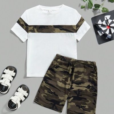 SHEIN Young Boy Camouflage Pattern Short Sleeve T-Shirt And Shorts Casual 2pcs Outfit