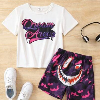 SHEIN Young Boy Casual Letter Print Round Neck Short Sleeve T-Shirt With Graphic Camo Print Shorts Spring/Summer Set