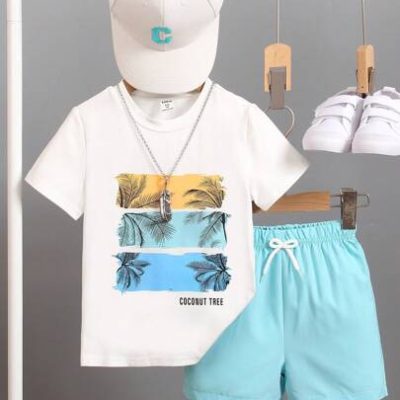 SHEIN Young Boy Casual Tropical Letter Print Short Sleeve T-Shirt And Shorts Summer Set