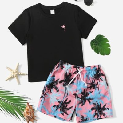 SHEIN Young Boy Coconut Tree Print Tee & Drawstring Waist Shorts