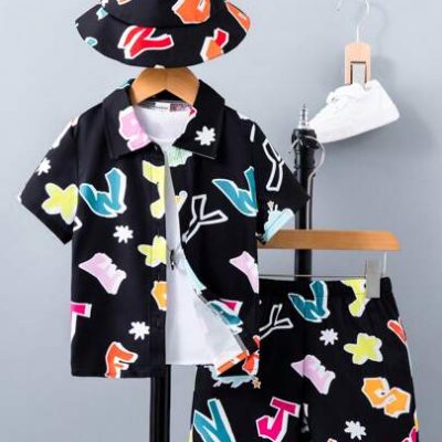 SHEIN Young Boy Letter Graphic Shirt & Shorts & Hat