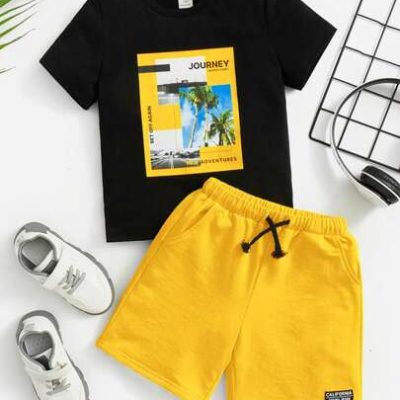 SHEIN Young Boy Letter & Palm Tree Print Tee & Drawstring Waist Shorts