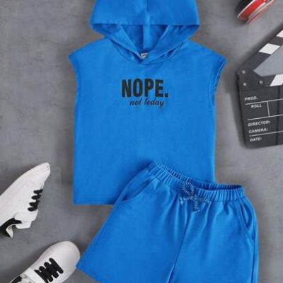 SHEIN Young Boy Letter Print Hooded Vest And Shorts Comfortable Casual 2pcs/Set