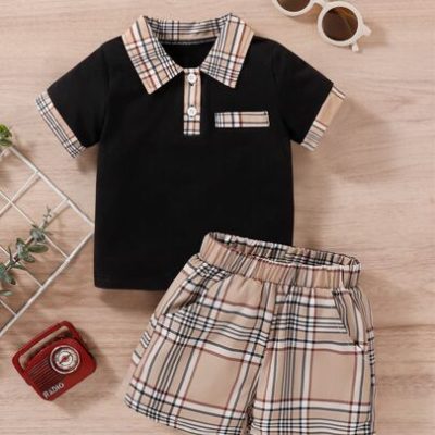 SHEIN Young Boy Plaid Polo Shirt & Shorts