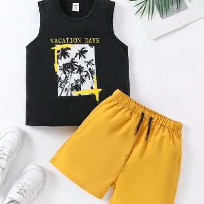 SHEIN Young Boy Set, Letter & Palm Tree Print Round Neck T-Shirt And Solid Colored Shorts For Daily Wear In Summer